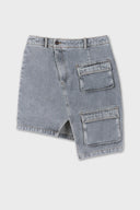 Asimetrik Kargo Cepli Mini Jean Etek - Gri