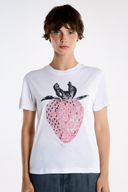 Çilek Baskılı Bisiklet Yaka Kısa Kollu Pamuklu T-Shirt - Pembe