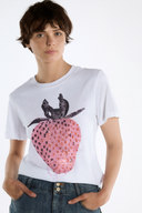 Çilek Baskılı Bisiklet Yaka Kısa Kollu Pamuklu T-Shirt - Pembe