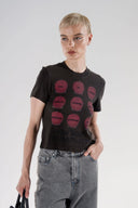 Elma Baskılı Bisiklet Yaka Pamuklu Kısa T-Shirt - Gri