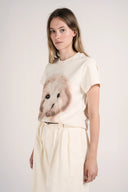 Oversize Köpek Baskılı Kısa Kollu Pamuku T-Shirt - Krem