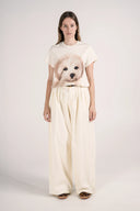 Oversize Köpek Baskılı Kısa Kollu Pamuku T-Shirt - Krem