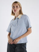 Yakası Payetli Polo Yaka Kısa Kollu Pamuklu T-Shirt - Gri