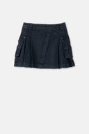 Kargo Cepli Yandan Pileli Mini Jean Etek - Siyah