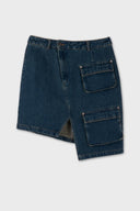 Asimetrik Kargo Cepli Mini Jean Etek - Mavi