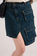 Asimetrik Kargo Cepli Mini Jean Etek - Mavi