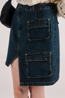 Asimetrik Kargo Cepli Mini Jean Etek - Mavi