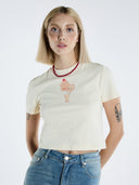 Bebek Baskılı Bisiklet Yaka Pamuklu Crop T-Shirt - Krem