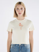 Bebek Baskılı Bisiklet Yaka Pamuklu Crop T-Shirt - Krem