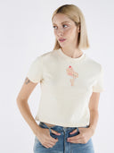 Bebek Baskılı Bisiklet Yaka Pamuklu Crop T-Shirt - Krem