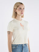 Bebek Baskılı Bisiklet Yaka Pamuklu Crop T-Shirt - Krem