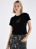 Bisiklet Yaka Taşlı Kısa Kollu Pamuklu Crop T-Shirt - Siyah