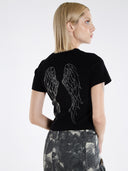 Bisiklet Yaka Taşlı Kısa Kollu Pamuklu Crop T-Shirt - Siyah