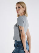 Bisiklet Yaka Taşlı Kısa Kollu Pamuklu Crop T-Shirt - Gri